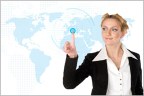 Businesswoman pointing at a world map, symbolizing international digital marketing strategies and global SEO principles.