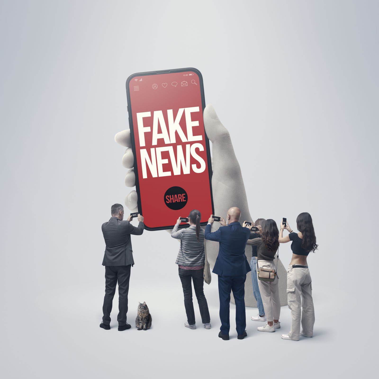 Group of people holding smartphones, viewing a large phone displaying "FAKE NEWS" in bold text, emphasizing digital literacy and media awareness.